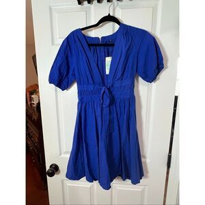 MASKAZU Cobalt Blue Tie Waist Dress | Puff Sleeve | NWT | Size M
